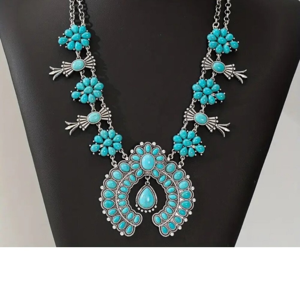 J27 Western Boho-Chic fauxTurquoise Jewelry Set Necklace Earring Silver-Plated